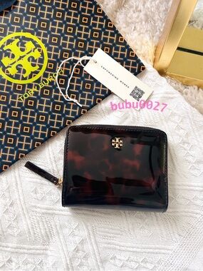 NWT🫧Tory Burch Emerson Tortoise Patent Billfold Wallet 165945 Dark Brown Gift
